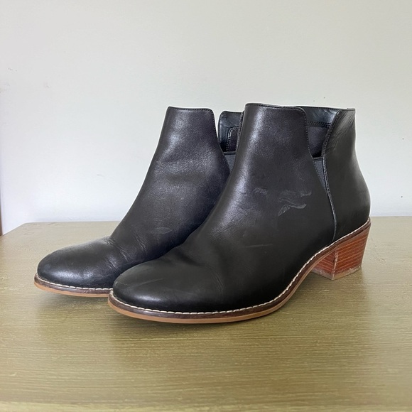 Cole Haan Black Leather Ankle Booties with Wooden Block Heel Moto Boots Slip On - Picture 2 of 9